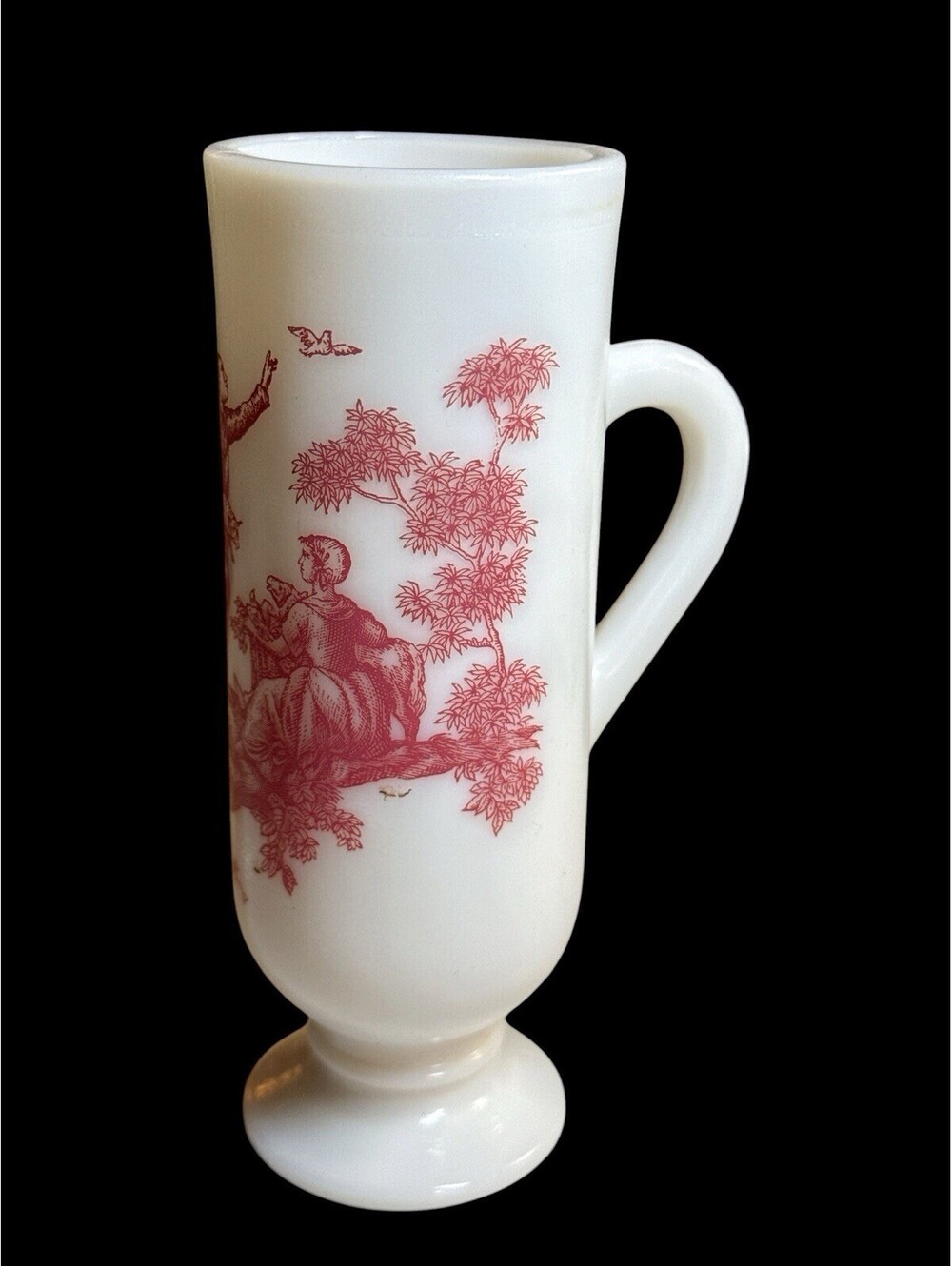 Avon Milk Glass Red Toile Pastoral Footed Demitasse Cup Mug 5" Vintage